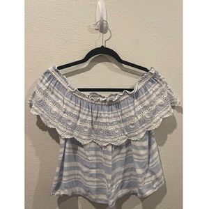 AMERICAN EAGLE OUTFITTERS Off The Shoulder Striped White Blue Blouse